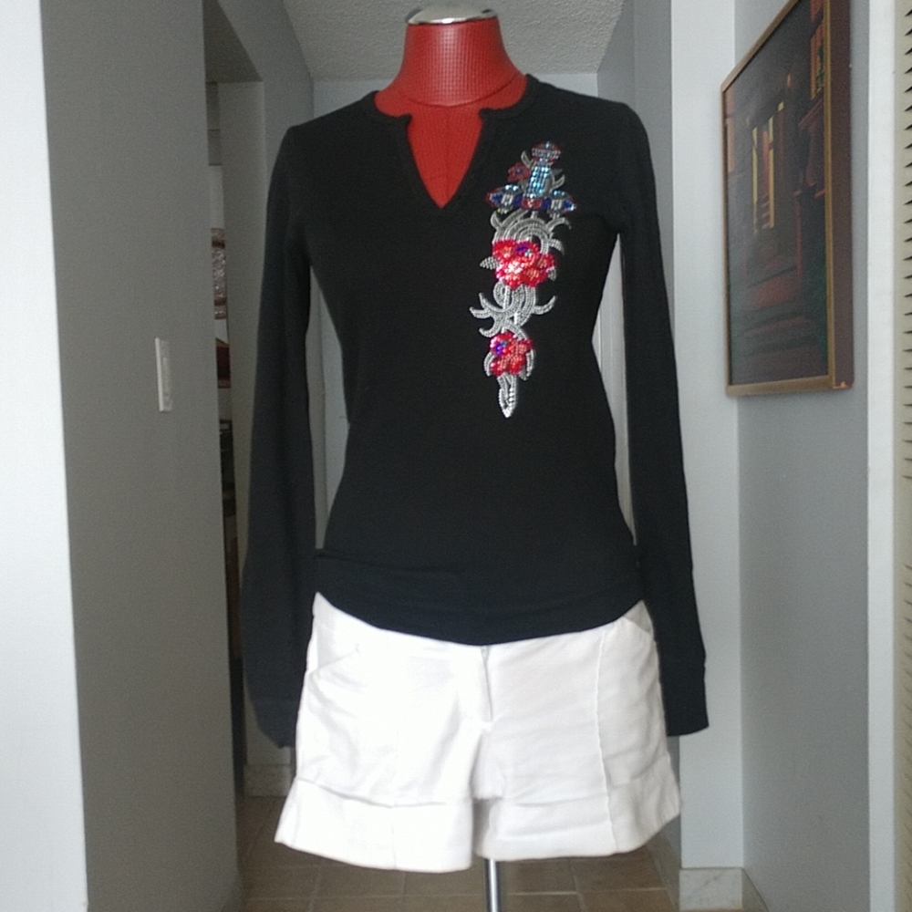 Black Embellished Thermal Long Sleeve Top